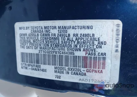 2001 Toyota Camry Solara Se z USA, uszkodzony, nr VIN 2T1CG22PX1C464385